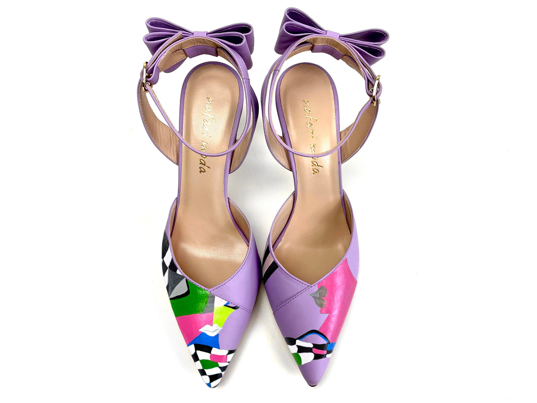 handpainted Italian comfortable lilac heels pumps with lips design