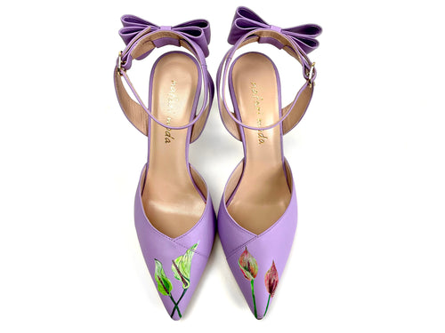 handpainted Italian comfortable lilac heels pumps with flower design