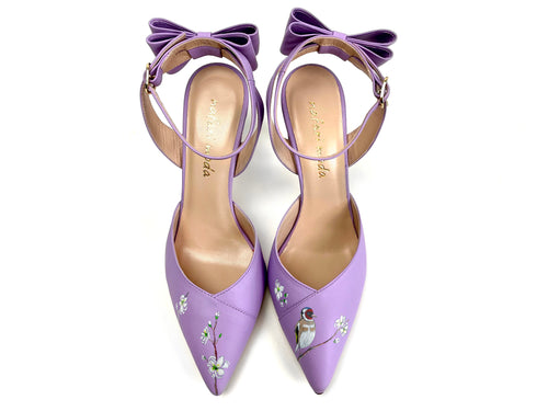 handpainted Italian comfortable lilac  pumps heels with bird design