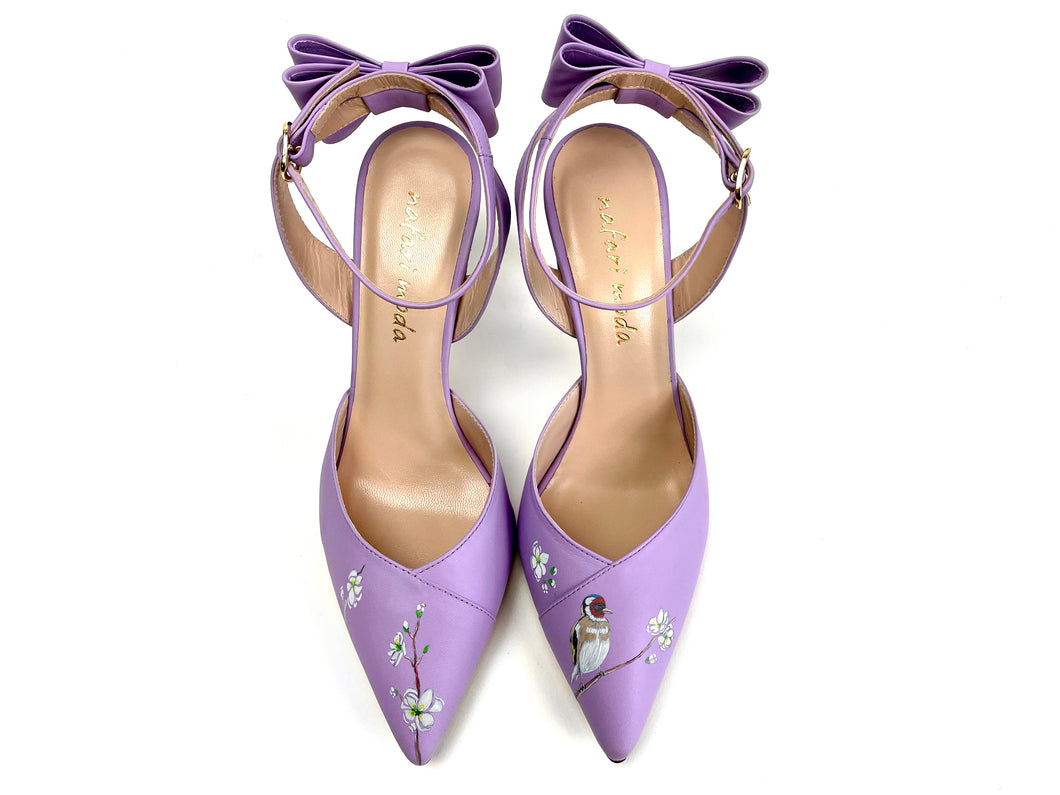 handpainted Italian comfortable lilac  pumps heels with bird design