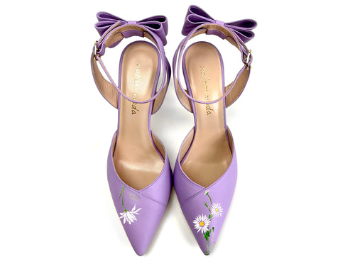 handpainted Italian comfortable lilac pumps heels with flower design