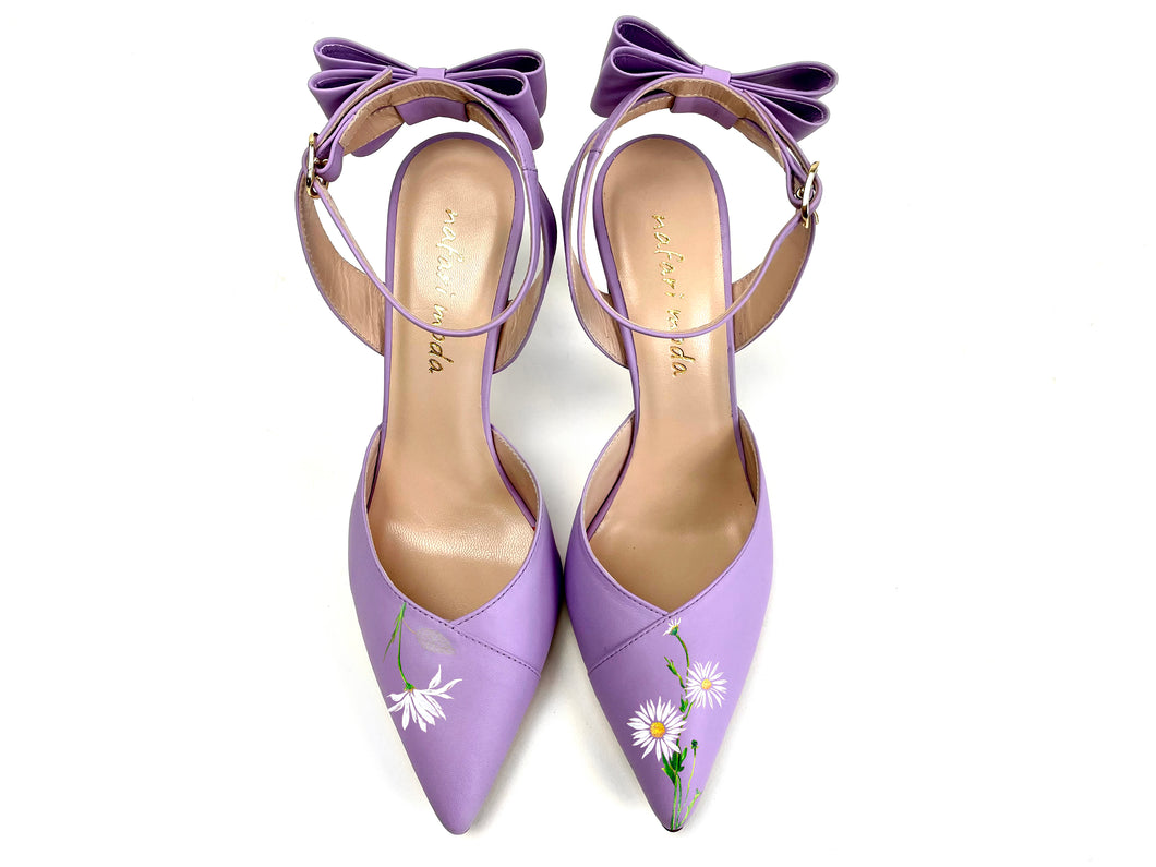 handpainted Italian comfortable lilac pumps heels with flower design