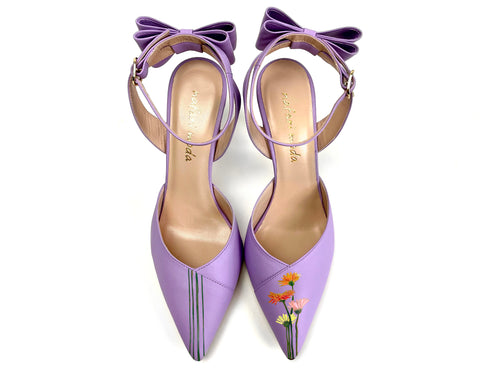 handpainted Italian comfortable lilac pumps heels with flower design