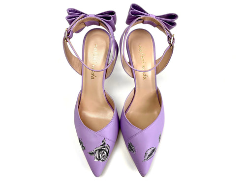 handpainted Italian comfortable lilac heels pumps with black and white flower design