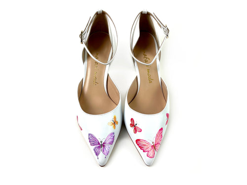 handpainted Italian comfortable white pumps heels with butterfly design