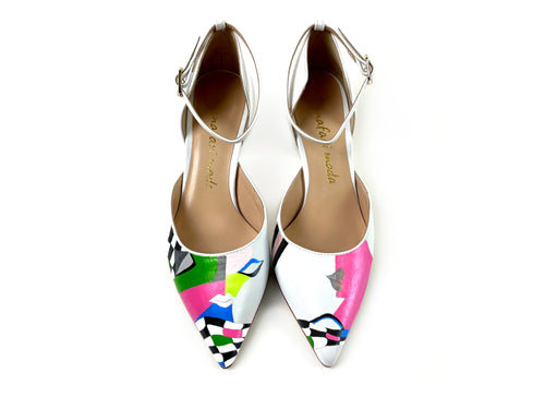 handpainted Italian comfortable white heels pumps with lips design