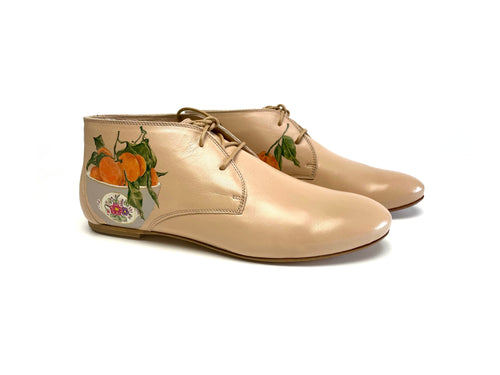 handpainted Italian comfortable beige chukka boots with orange design