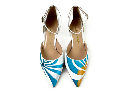 handpainted Italian comfortable white heels pumps with pattern design