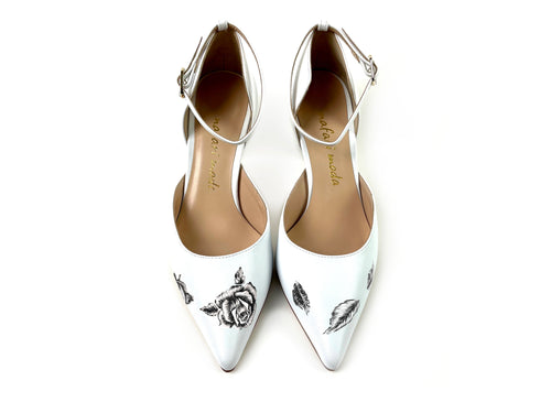 handpainted Italian comfortable white heels pumps with black and white flower design