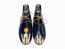 Load image into Gallery viewer, Masquerade hand-painted navy chukkas with Art Deco portrait design
