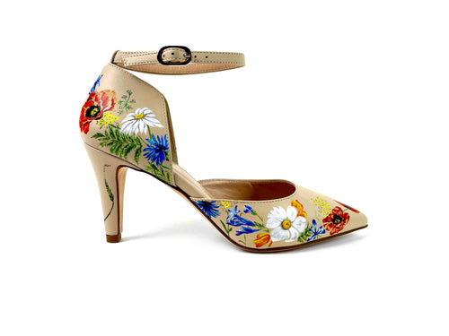 handpainted Italian comfortable beige heels pumps  with flower design