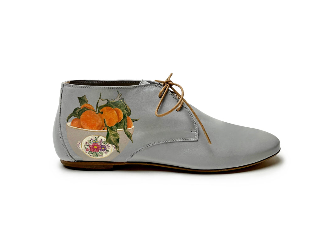 handpainted Italian comfortable gray chukka boots with orange design