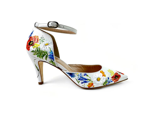 handpainted Italian comfortable white heels pumps  with flower design