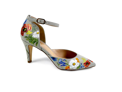 handpainted Italian comfortable gray heels pumps  with flower design