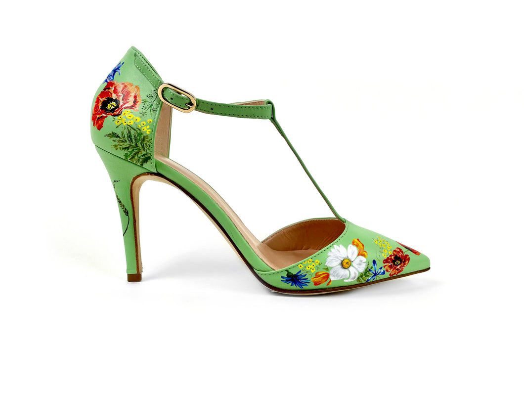 handpainted Italian comfortable pale green heels pumps  with flower design