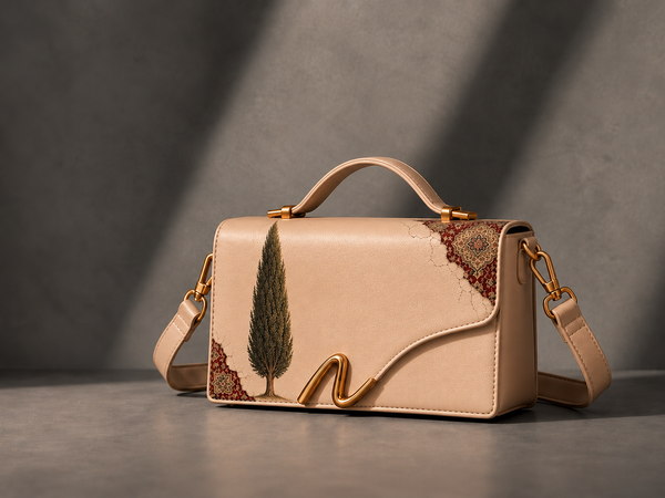 Signature N Sarv beige leather bag with Persian cypress artwork and gold-tone n clip