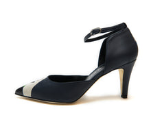 Load image into Gallery viewer, handpainted Italian comfortable navy blue pumps heels with cubism design
