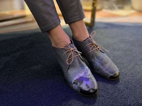 handpainted Italian comfortable charcoal chukka boots with galaxy design