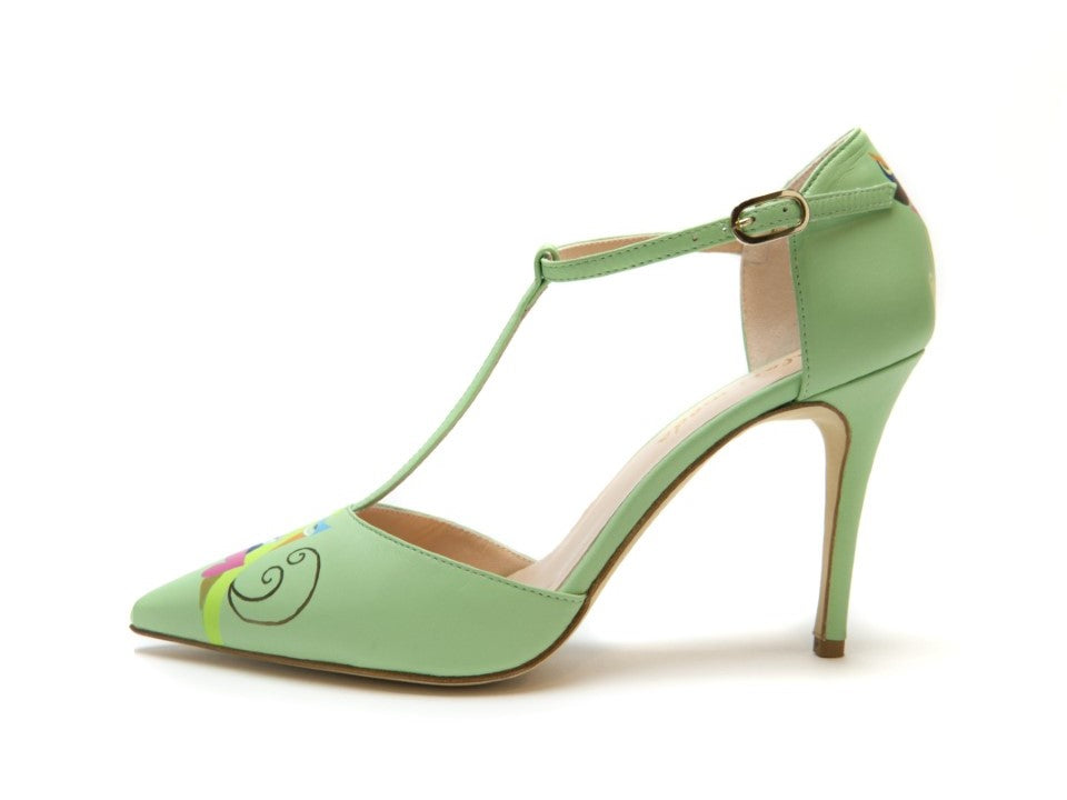 handpainted Italian comfortable pale green pumps heels with cubism design